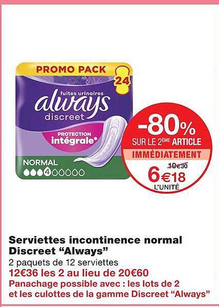 Serviettes incontinence normal Discreet “Always”