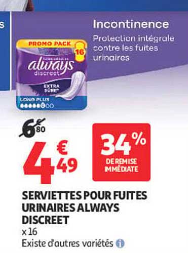 SERVIETTES POUR FUITES URINAIRES ALWAYS DISCREET