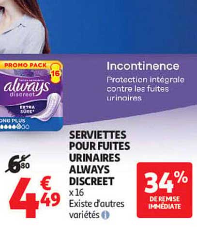 SERVIETTES POUR FUITES URINAIRES ALWAYS DISCREET x16