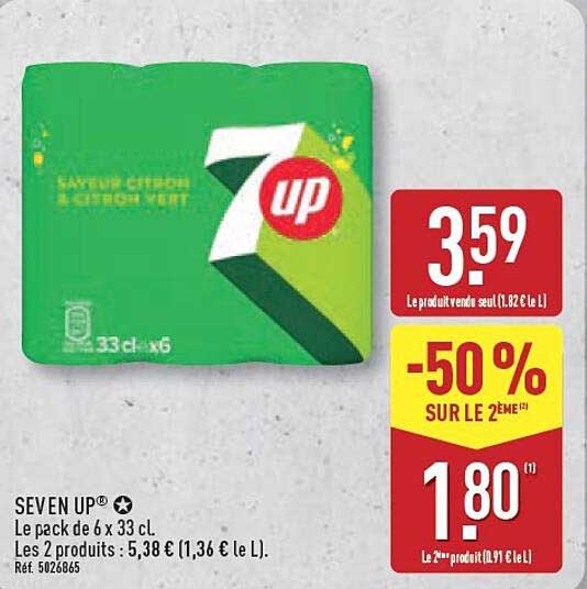 SEVEN UP® Le pack de 6 x 33 cl. Les 2 produits : 5,38 € (1,36 € le L.)