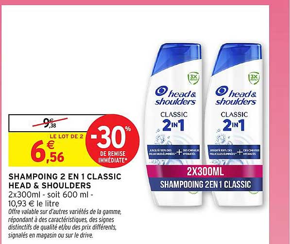 SHAMPOING 2 EN 1 CLASSIC HEAD & SHOULDERS 2x300ml - soit 600 ml