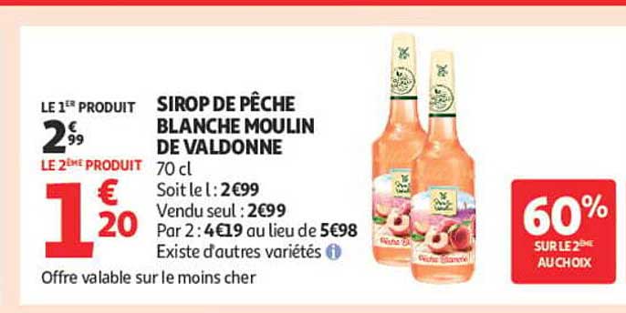 SIROP DE PÊCHE BLANCHE MOULIN DE VALDONNE 70 cl