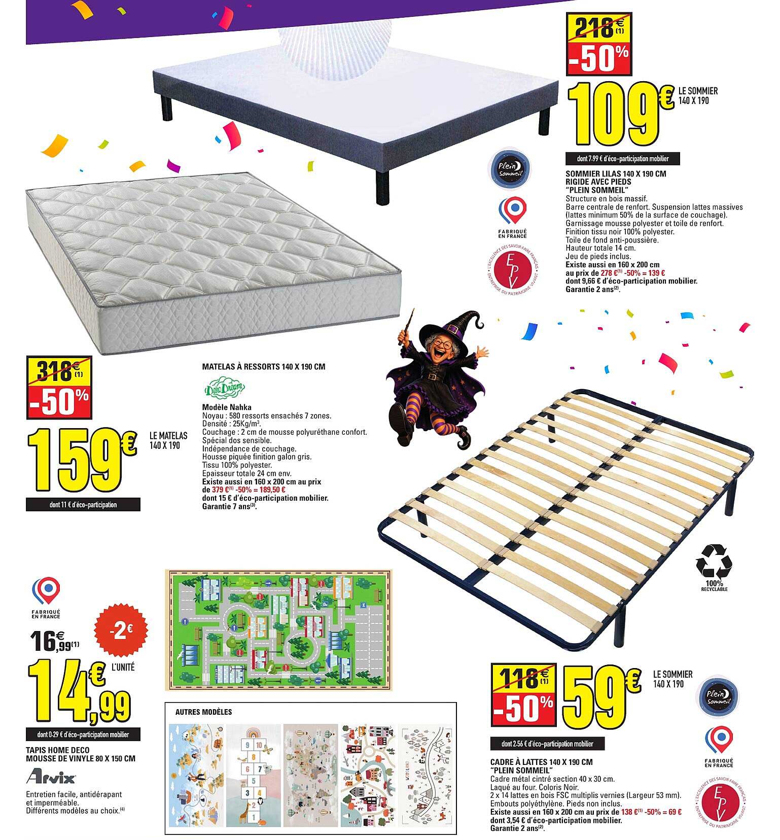 SOMMIER LILAS 140 X 190 CM RIGIDE AVEC PIEDS “PLEIN SOMMEIL”