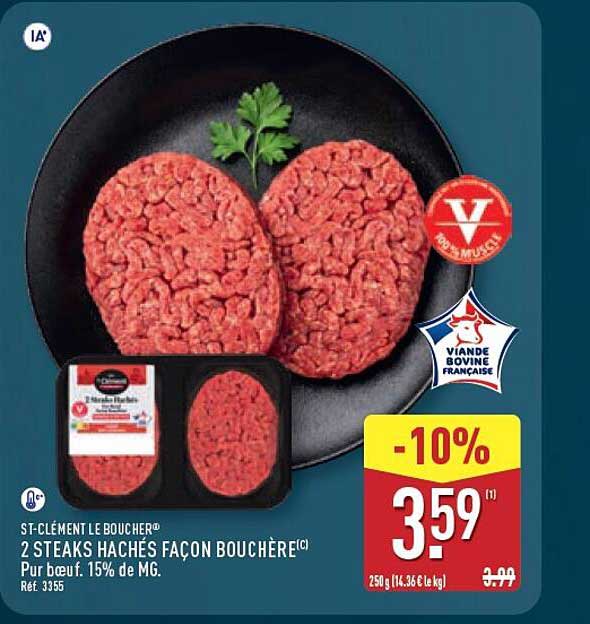 ST-CLÉMENT LE BOUCHER® 2 STEAKS HACHÉS FAÇON BOUCHÈRE(C) Pur bœuf. 15% de MG.