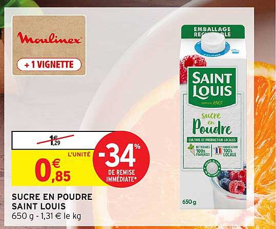 SUCRE EN POUDRE SAINT LOUIS 650 g - 1,31 € le kg