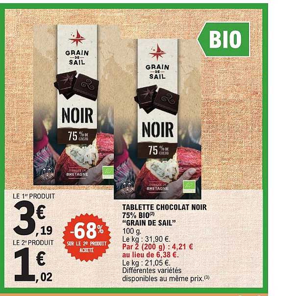 TABLETTE CHOCOLAT NOIR 75% BIO(2) “GRAIN DE SAIL”