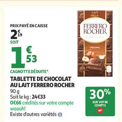 TABLETTE DE CHOCOLAT AU LAIT FERRERO ROCHER