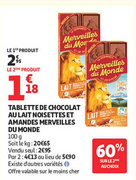 TABLETTE DE CHOCOLAT AU LAIT NOISETTES ET AMANDES MERVEILLES DU MONDE