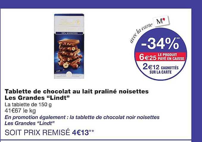 Tablette de chocolat au lait praliné noisettes Les Grandes “Lindt”