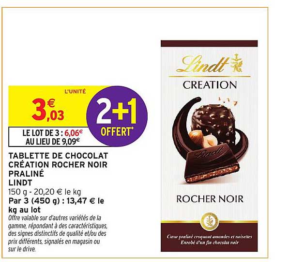 TABLETTE DE CHOCOLAT CRÉATION ROCHER NOIR PRALINÉ LINDT