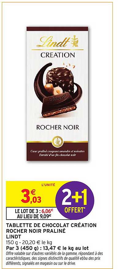 TABLETTE DE CHOCOLAT CRÉATION ROCHER NOIR PRALINÉ LINDT