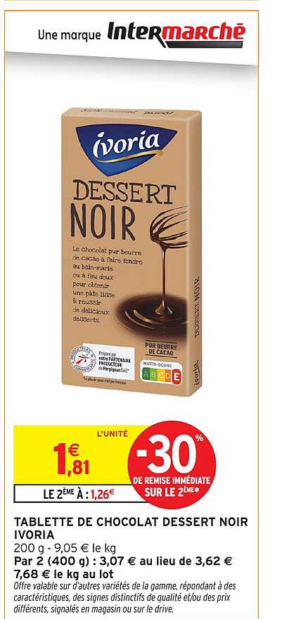 TABLETTE DE CHOCOLAT DESSERT NOIR IVORIA