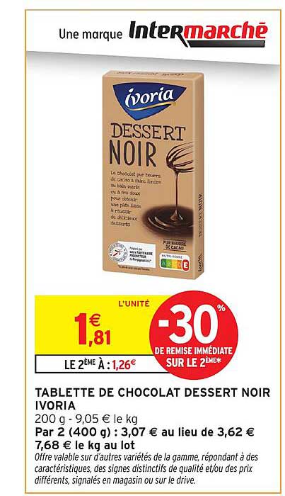 TABLETTE DE CHOCOLAT DESSERT NOIR IVORIA