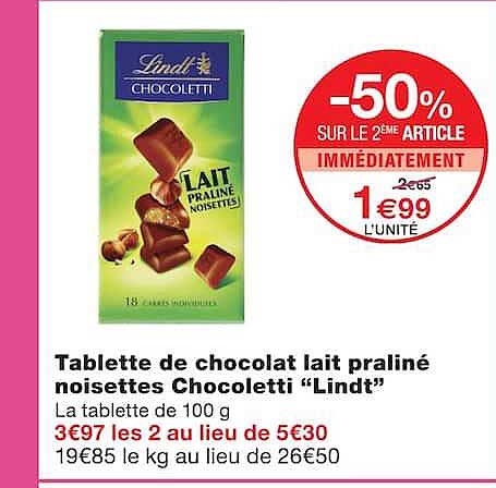 Tablette de chocolat lait praliné noisettes Chocoleti “Lindt”