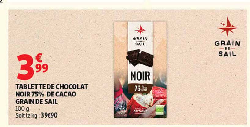 TABLETTE DE CHOCOLAT NOIR 75% DE CACAO GRAIN DE SAIL