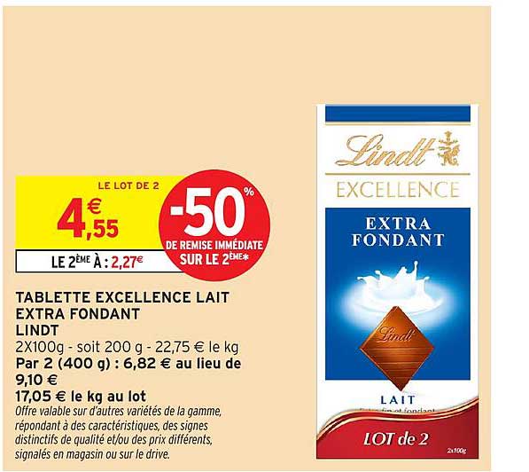 TABLETTE EXCELLENCE LAIT EXTRA FONDANT LINDT