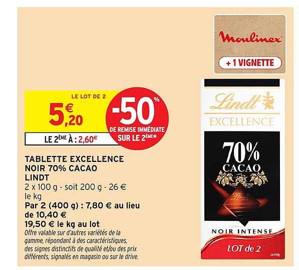 TABLETTE EXCELLENCE NOIR 70% CACAO LINDT