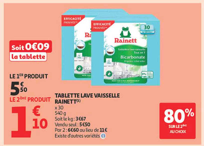 TABLETTE LAVE VAISSELLE RAINETT(1) x 30 540 g Soit le kg : 3€67 Vendu seul : 5€50 Par 2 : 6€60 au lieu de 11€ Existe d'autres variétés