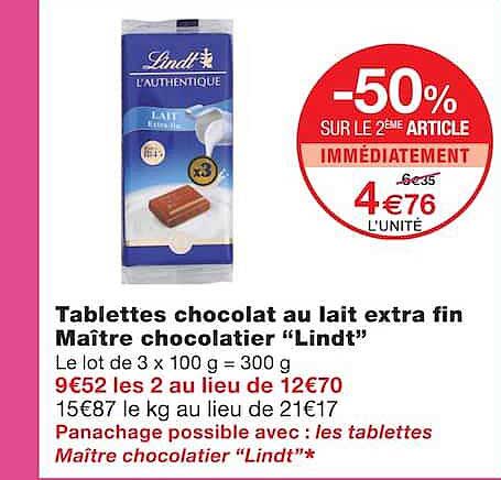 Tablettes chocolat au lait extra fin Maître chocolatier “Lindt”