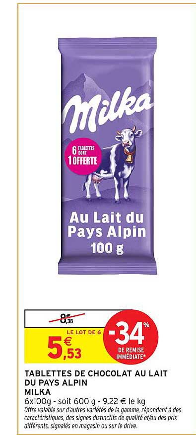 TABLETTES DE CHOCOLAT AU LAIT DU PAYS ALPIN MILKA