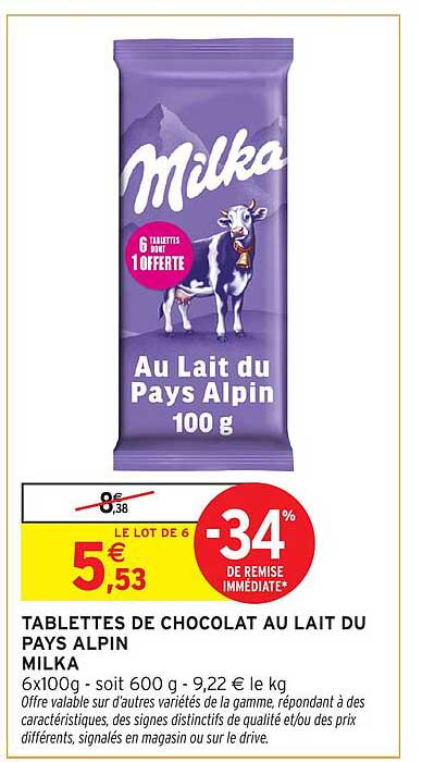 TABLETTES DE CHOCOLAT AU LAIT DU PAYS ALPIN MILKA