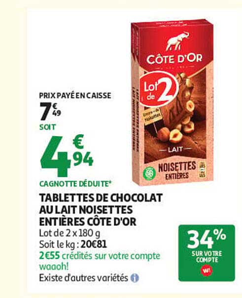 TABLETTES DE CHOCOLAT AU LAIT NOISETTES ENTIÈRES CÔTE D'OR