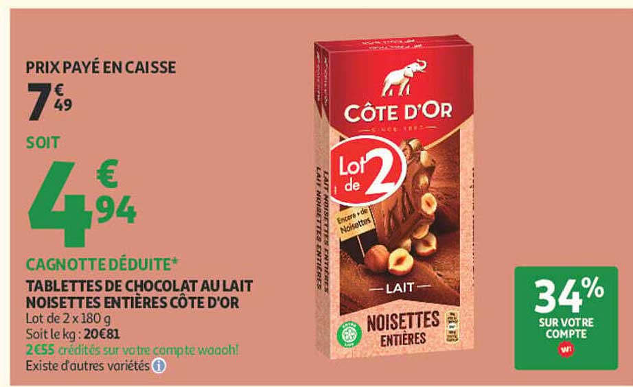 TABLETTES DE CHOCOLAT AU LAIT NOISETTES ENTIÈRES CÔTE D'OR