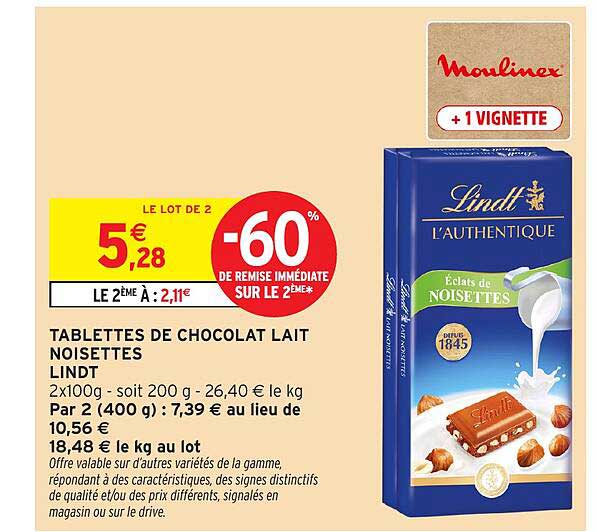TABLETTES DE CHOCOLAT LAIT NOISETTES LINDT