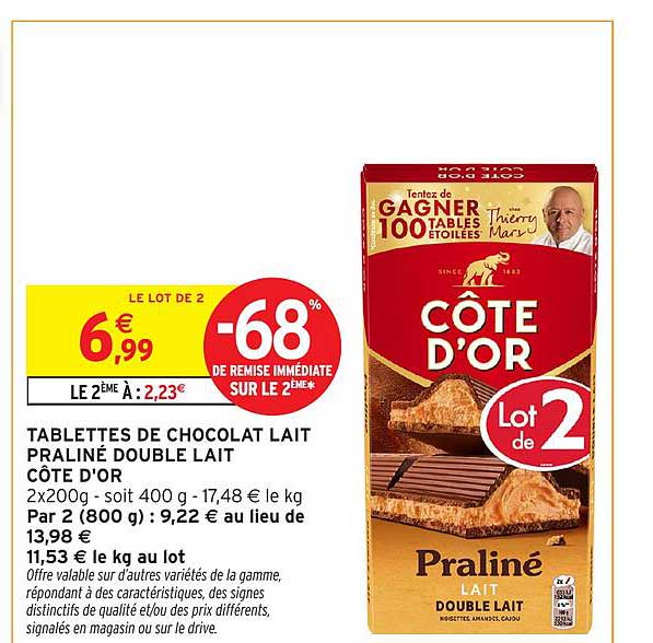 TABLETTES DE CHOCOLAT LAIT PRALINÉ DOUBLE LAIT CÔTE D'OR