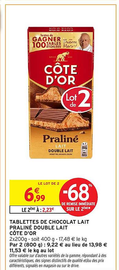 TABLETTES DE CHOCOLAT LAIT PRALINÉ DOUBLE LAIT CÔTE D'OR