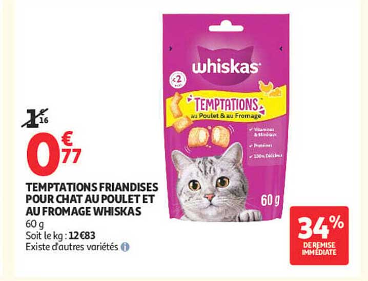 TEMPTATIONS FRIANDISES POUR CHAT AU POULET ET AU FROMAGE WHISKAS