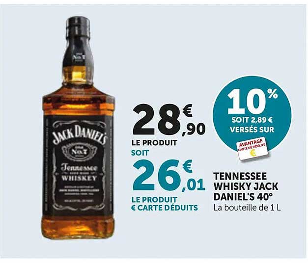 TENNESSEE WHISKY JACK DANIEL'S 40° La bouteille de 1 L