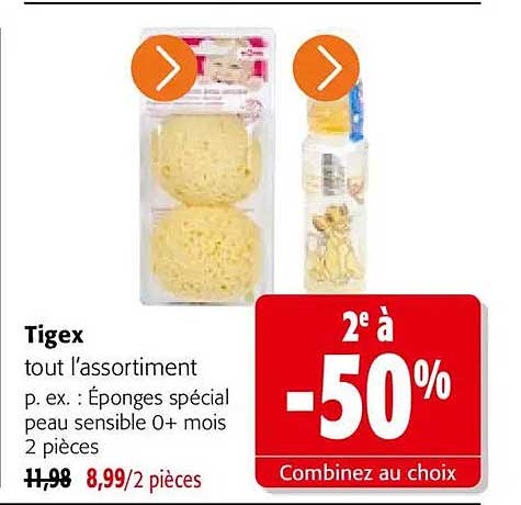Tigex tout l’assortiment p. ex. : Éponges spécial peau sensible 0+ mois 2 pièces