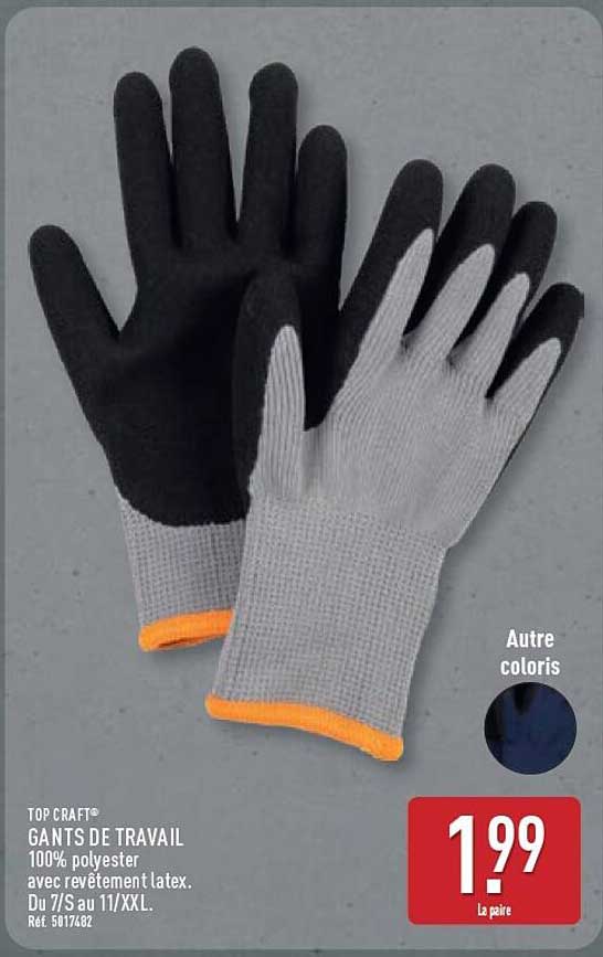 TOP CRAFT® GANTS DE TRAVAIL 100% polyester avec revêtement latex. Du 7/5 au 11/XXL. Réf. 5017482