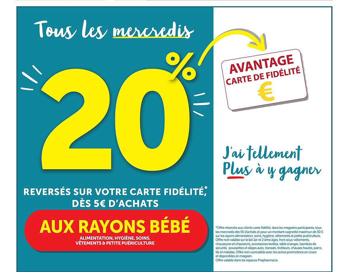 Tous les mercredis 20% reversés sur votre carte fidélité, dès 5€ d’achats aux rayons bébé