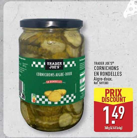TRADER JOE'S CORNICHONS EN RONDELLES Aigre-doux. Ref. 5011383