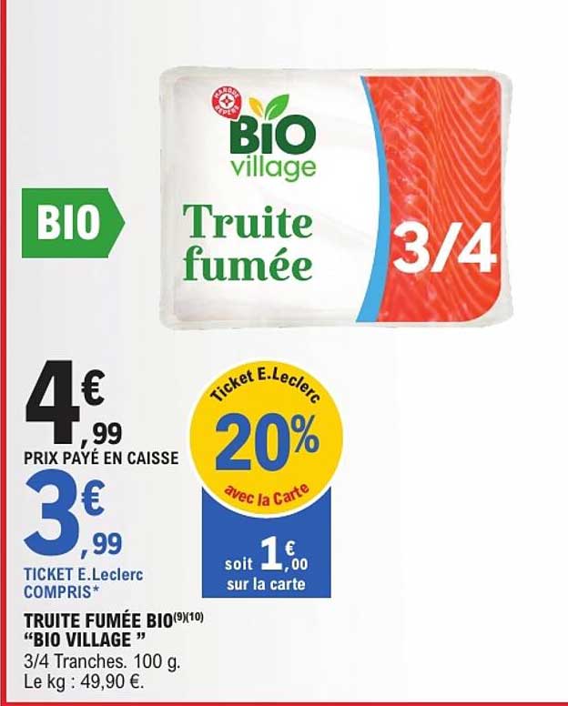 TRUITE FUMÉE BIO "BIO VILLAGE" 3/4 Tranches. 100 g.