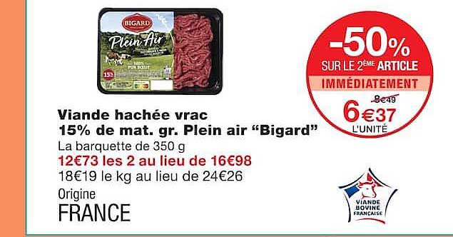 Viande hachée vrac 15% de mat. gr. Plein air “Bigard”
