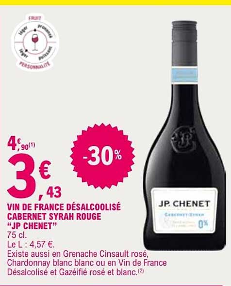 VIN DE FRANCE DÉSALCOOLISÉ CABERNET SYRAH ROUGE "JP CHENET"