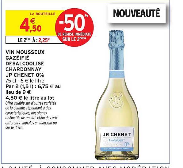 VIN MOUSSEUX GAZÉIFIÉ DÉSALCOOLISÉ CHARDONNAY JP CHENET 0%