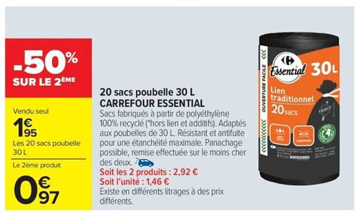 20 sacs poubelle 30 L CARREFOUR ESSENTIAL