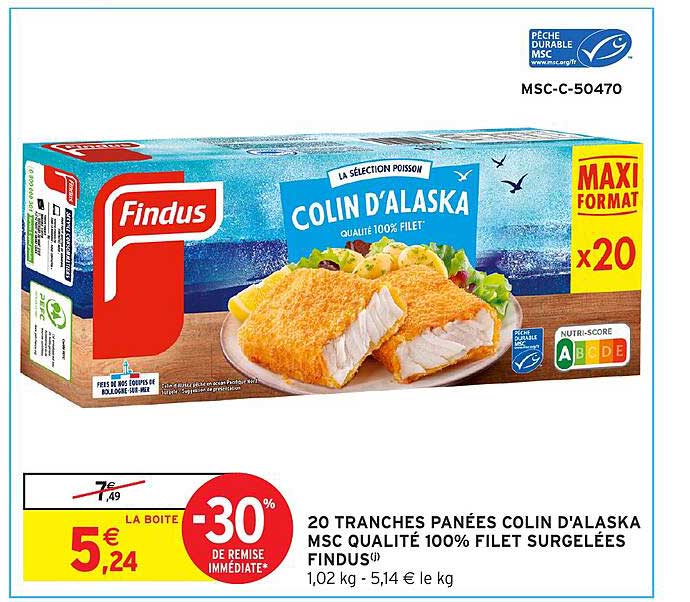20 TRANCHES PANÉES COLIN D'ALASKA MSC QUALITÉ 100% FILET SURGELÉES FINDUS