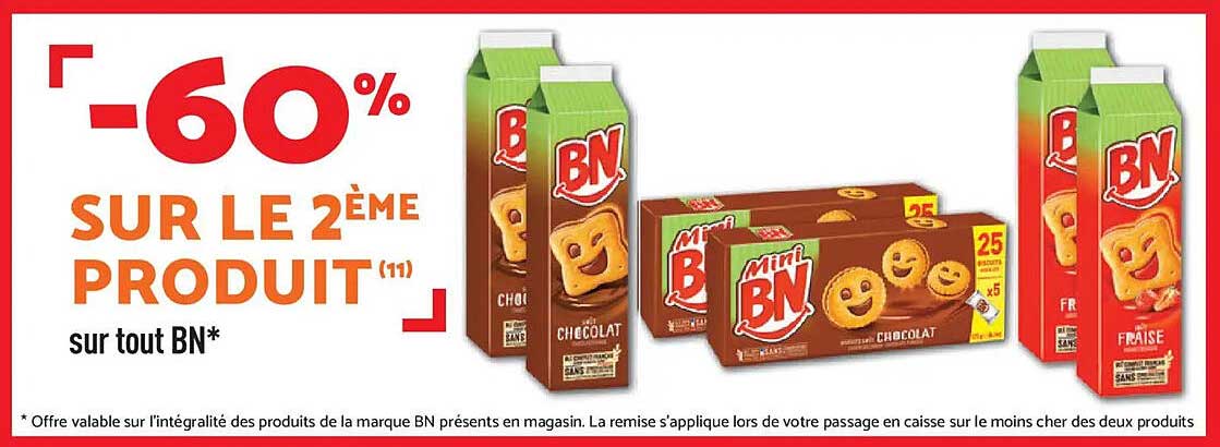 60% sur le 2ème produit sur tout BN