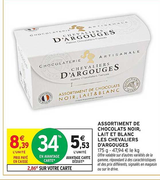 ASSORTIMENT DE CHOCOLATS NOIR, LAIT ET BLANC LES CHEVALIERS D'ARGOUGES