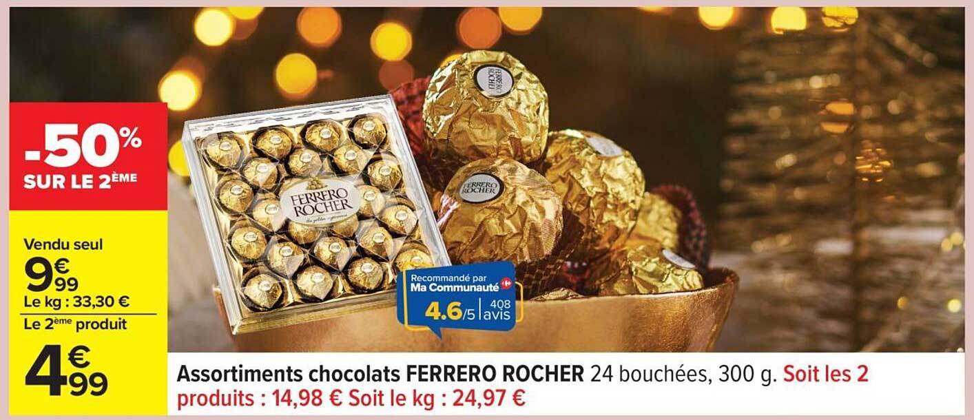 Assortiments chocolats FERRERO ROCHER 24 bouchées, 300 g