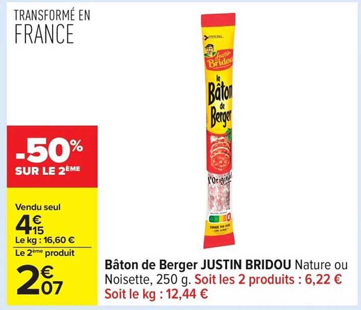 Bâton de Berger JUSTIN BRIDOU Nature ou Noisette, 250 g.