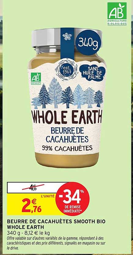 BEURRE DE CACAHUÈTES SMOOTH BIO WHOLE EARTH