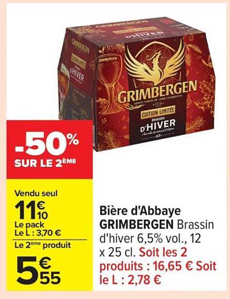 Bière d'Abbaye GRIMBERGEN Brassin d'hiver 6,5% vol., 12 x 25 cl.