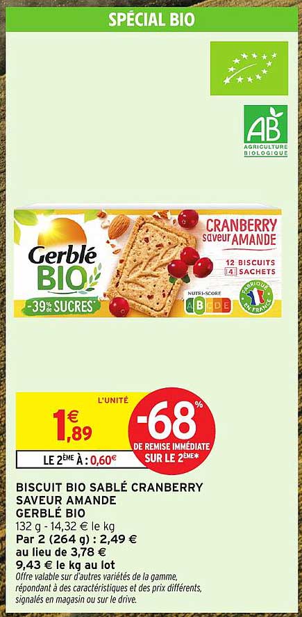 BISCUIT BIO SABLÉ CRANBERRY SAVEUR AMANDE GERBLÉ BIO