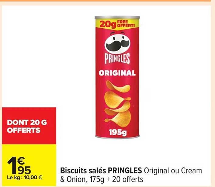 Biscuits salés PRINGLES Original ou Cream & Onion, 175g + 20 offerts